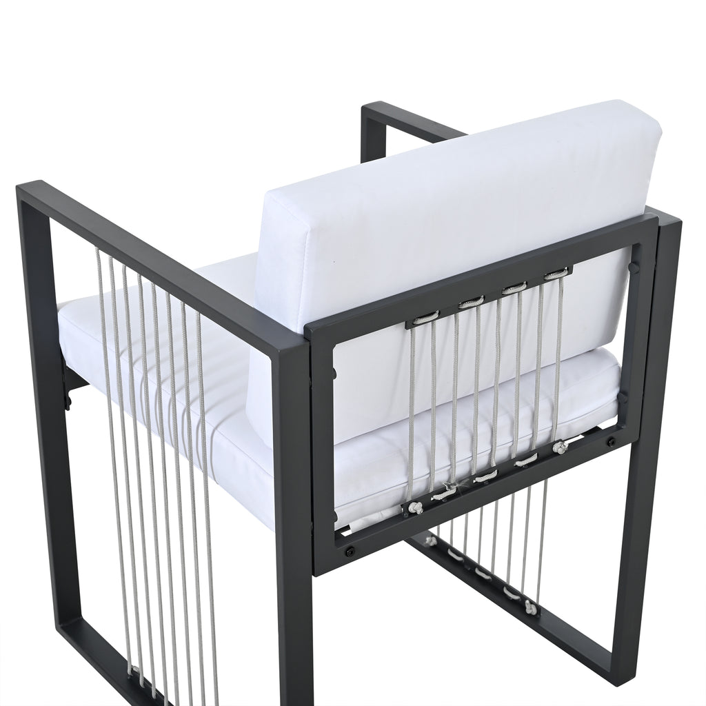 Vetra – Ensemble Table de Jardin 117 cm avec 4 Fauteuils & 2 Poufs – Blanc & Noir