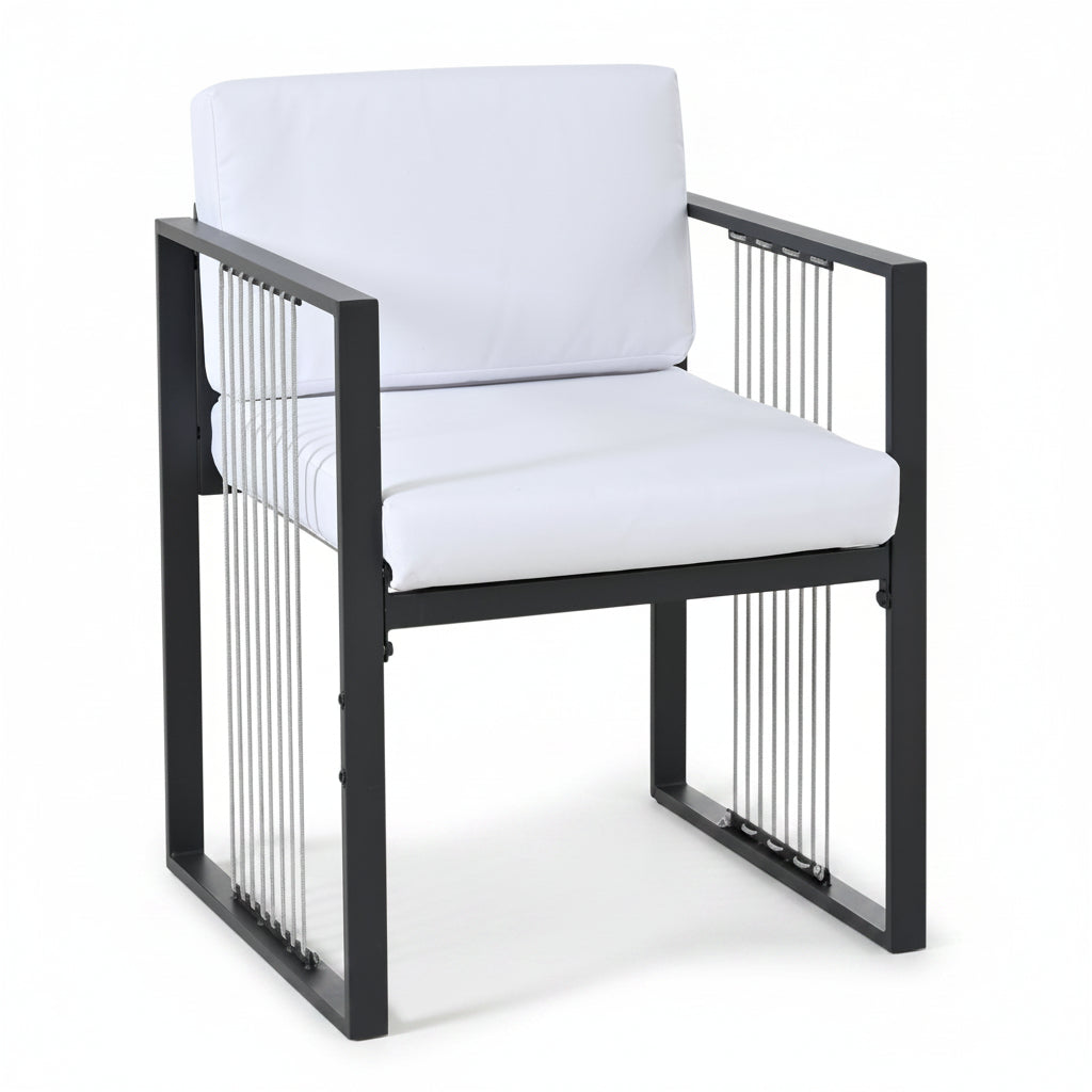 Vetra – Ensemble Table de Jardin 117 cm avec 4 Fauteuils & 2 Poufs – Blanc & Noir