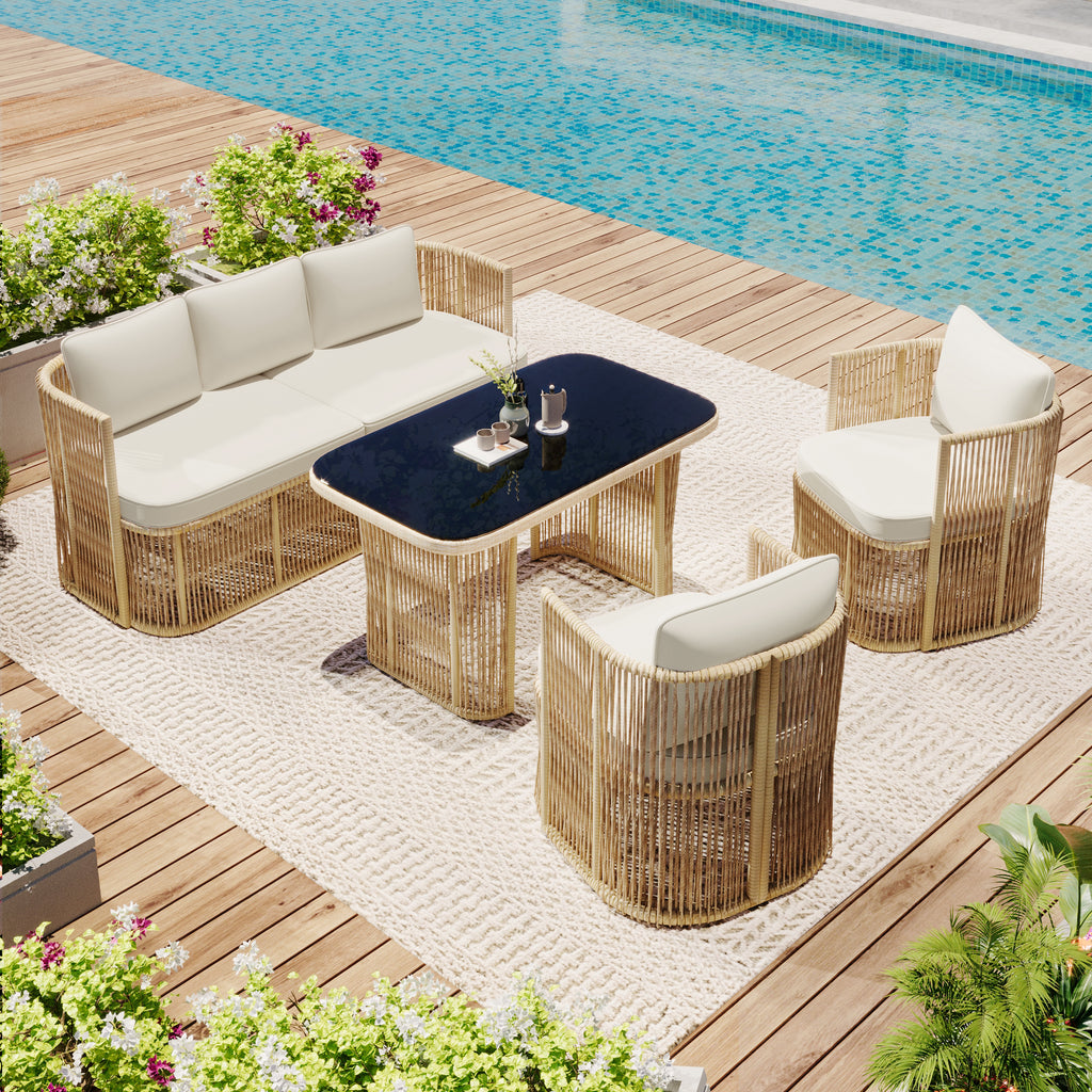 Auro – Salon de Jardin en Rotin PE 4 Pièces avec Canapé 3 Places & Plateau en Verre Trempé