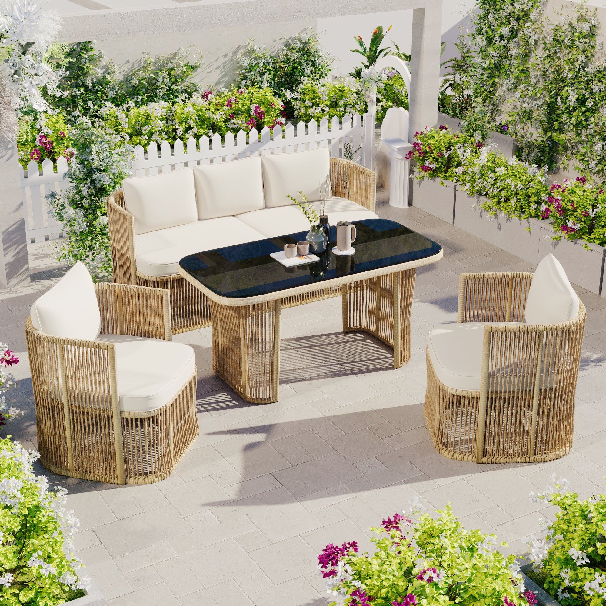 Auro – Salon de Jardin en Rotin PE 4 Pièces avec Canapé 3 Places & Plateau en Verre Trempé