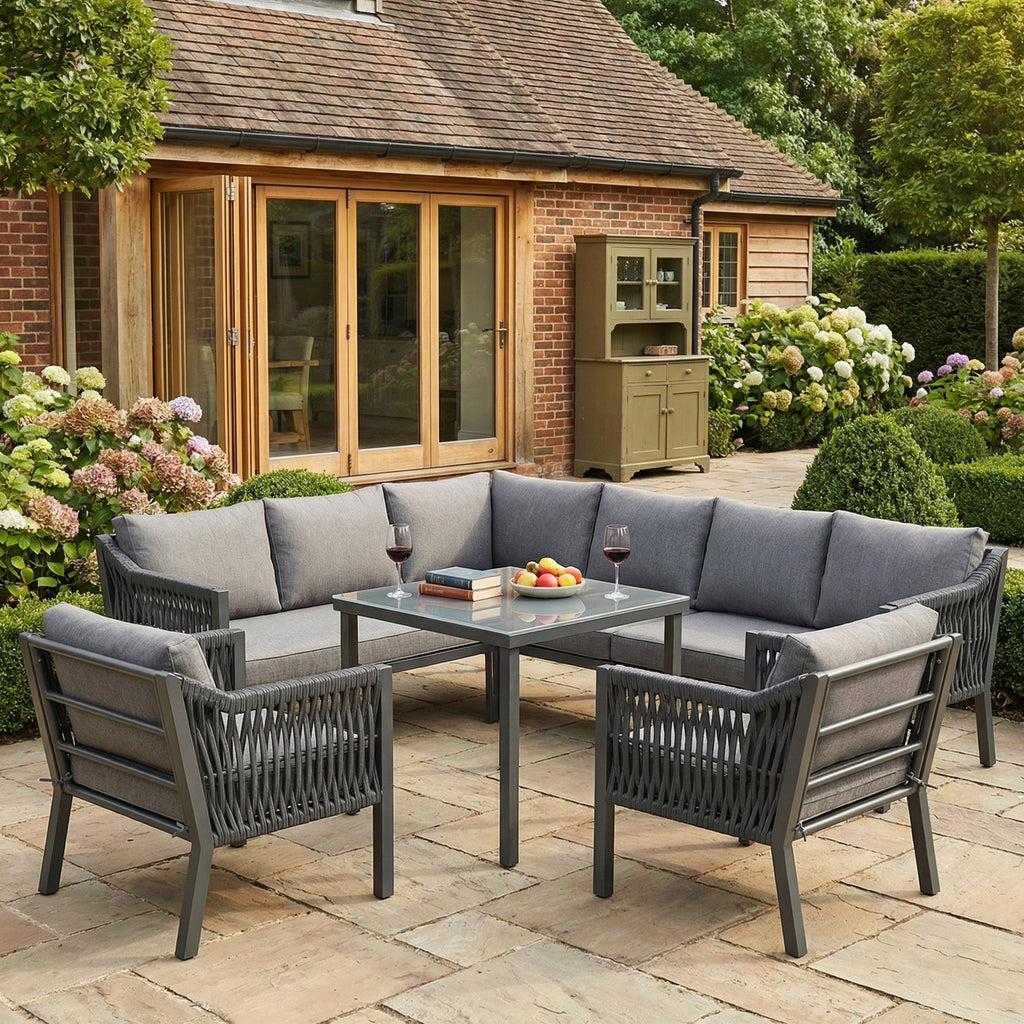 Sora – Ensemble Salon de Jardin d’Angle 6 Places avec Table & 2 Fauteuils – Gris
