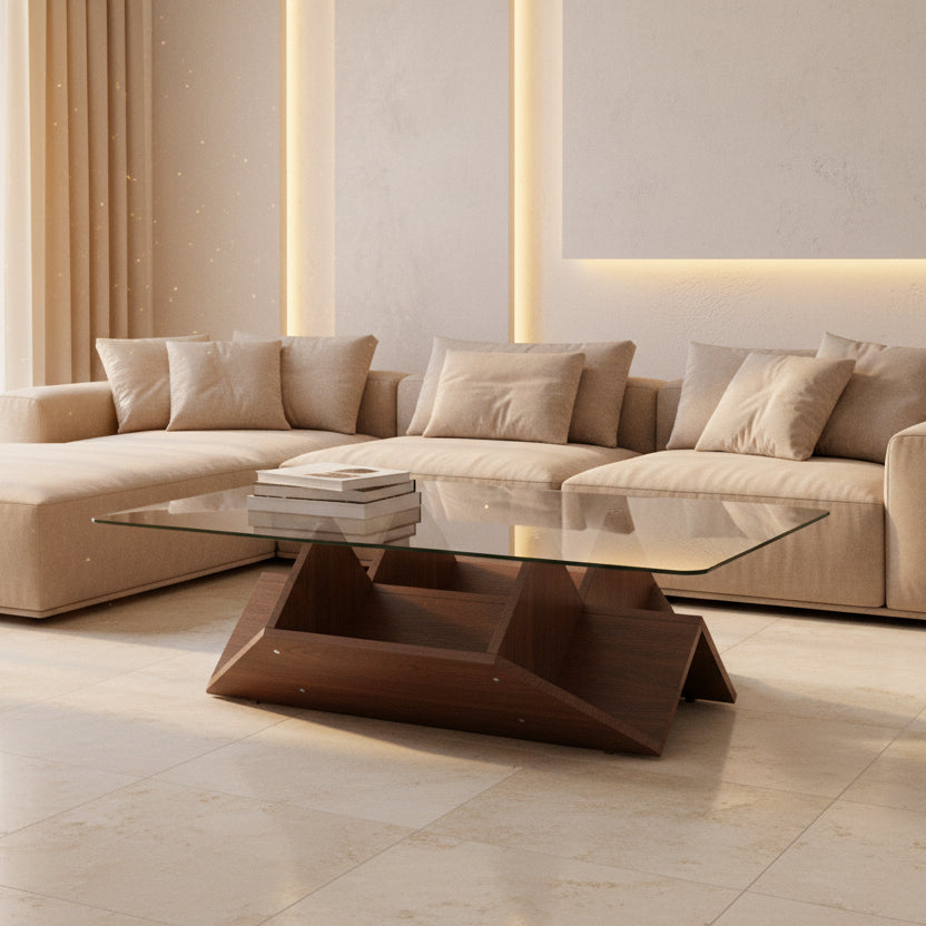 Linea – Table Basse Verre Trempé & Noyer avec Rangement