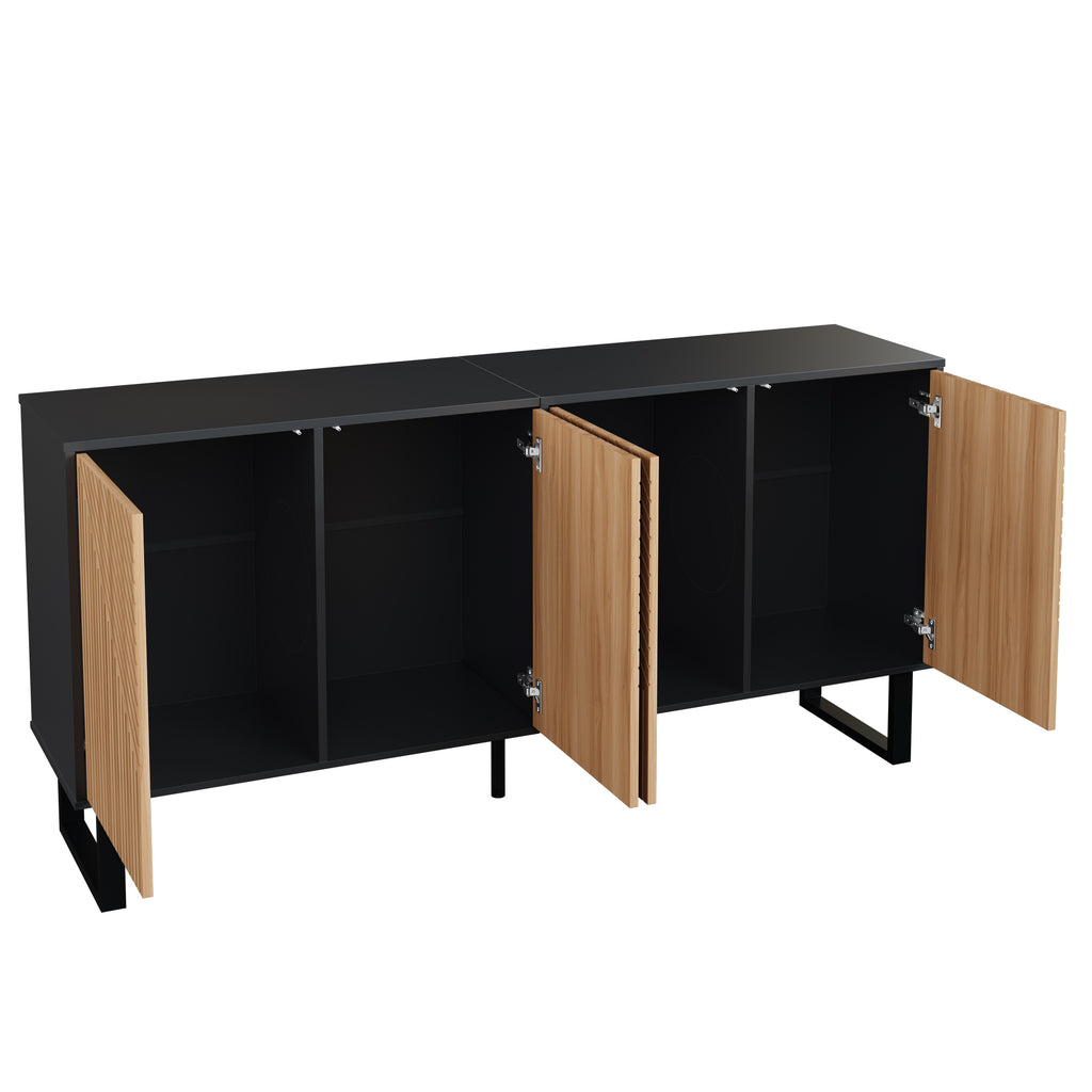 Vetra – Buffet 4 Portes Bois Naturel & Noir à Façades Rainurées – 160 cm