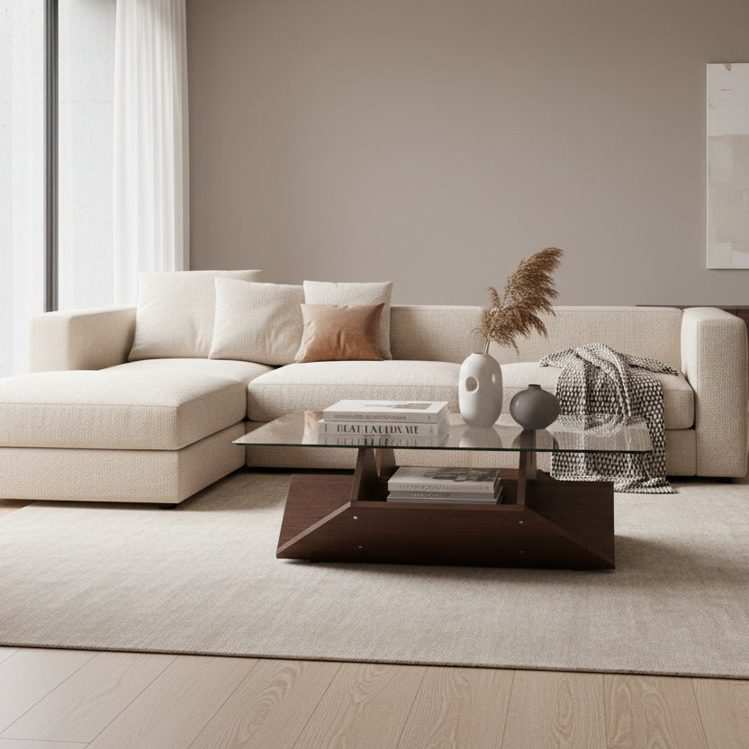 Linea – Table Basse Verre Trempé & Noyer avec Rangement