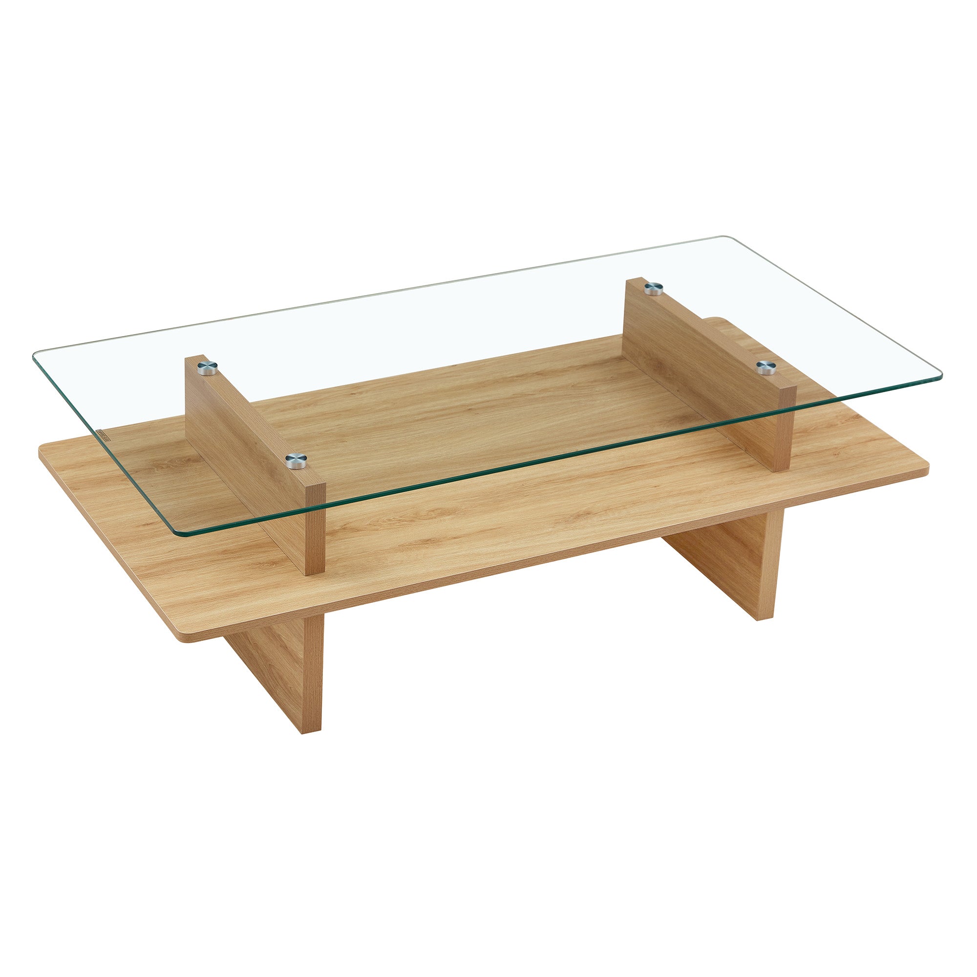 Linea – Table Basse Verre Trempé & Bois Clair avec Étagère