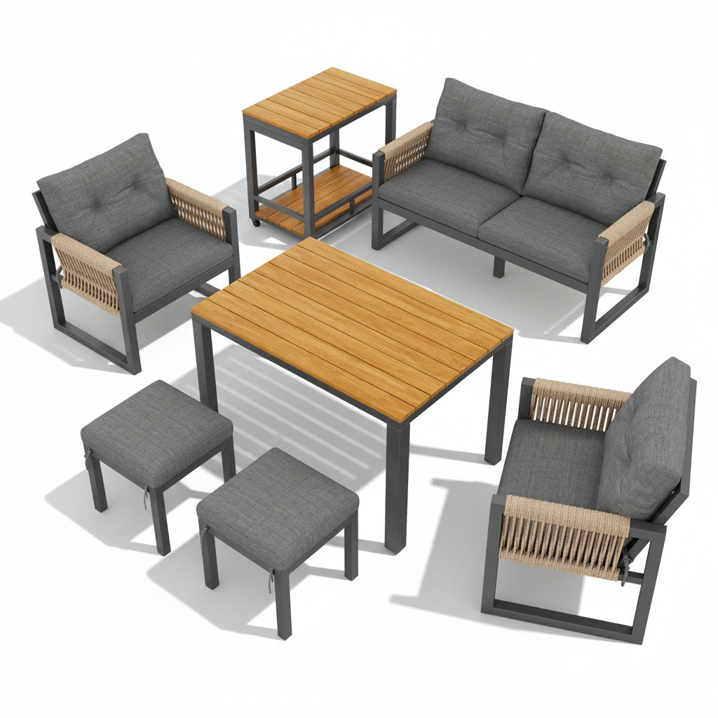Vetra – Ensemble Salon de Jardin Modulable avec Table Repas & Poufs – 6 Places