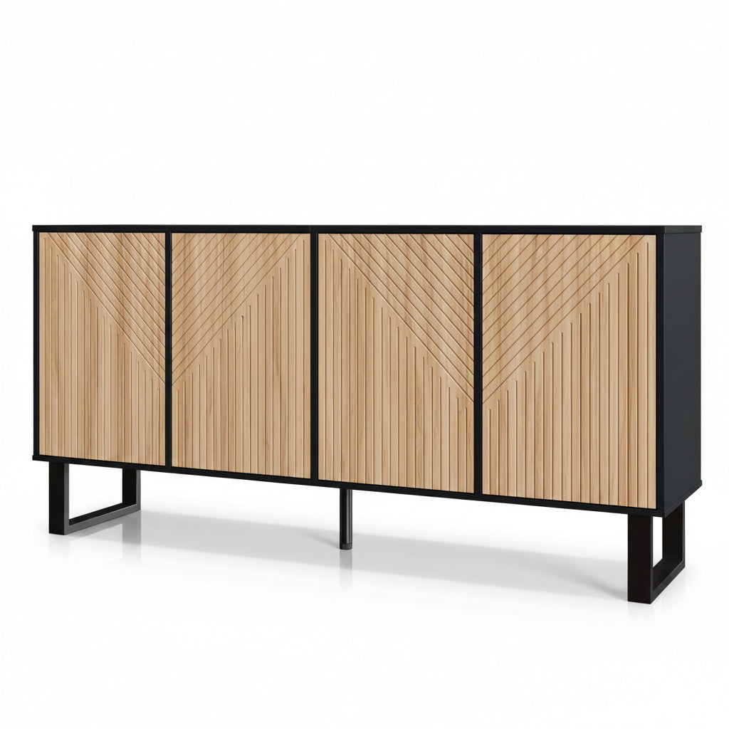 Vetra – Buffet 4 Portes Bois Naturel & Noir à Façades Rainurées – 160 cm
