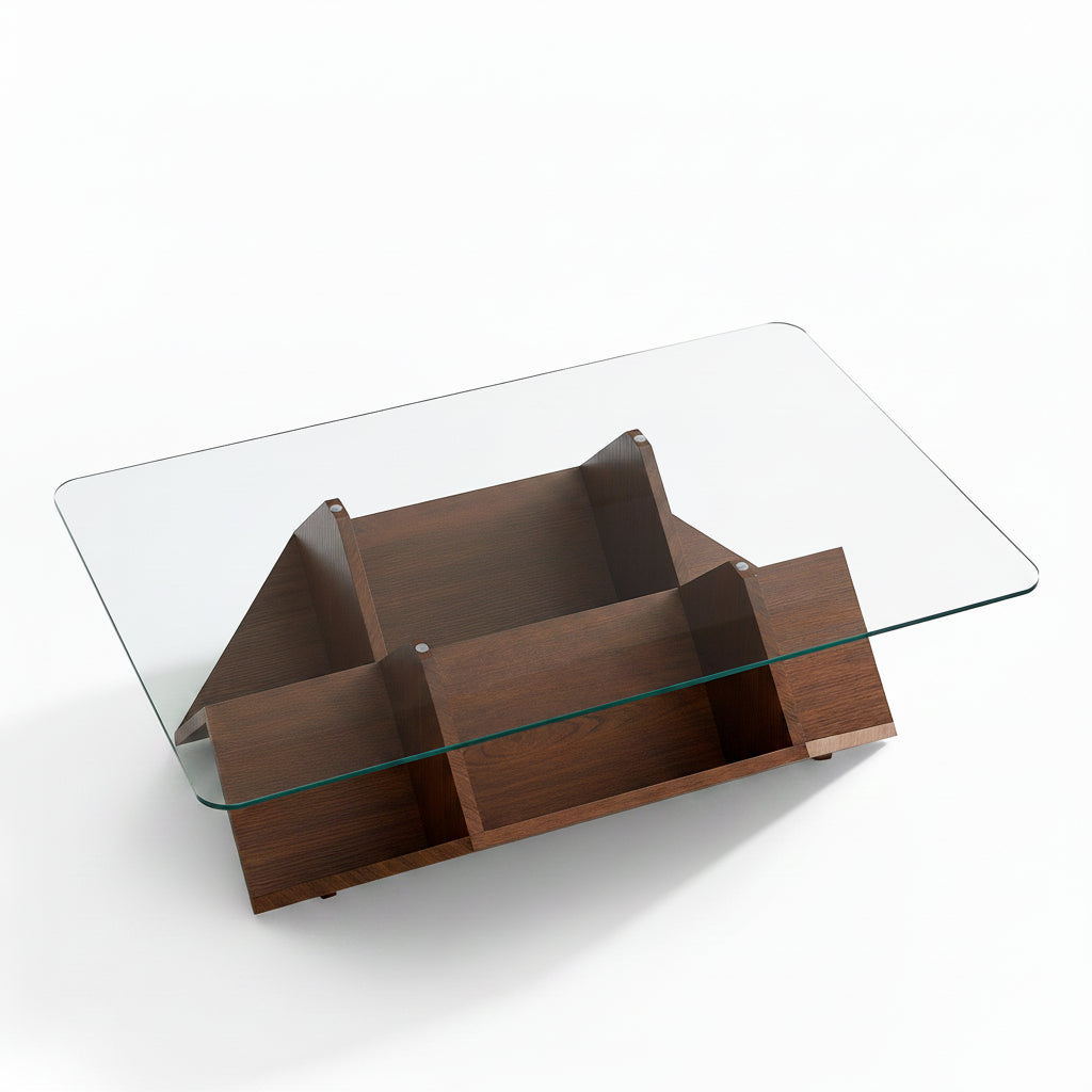 Linea – Table Basse Verre Trempé & Noyer avec Rangement