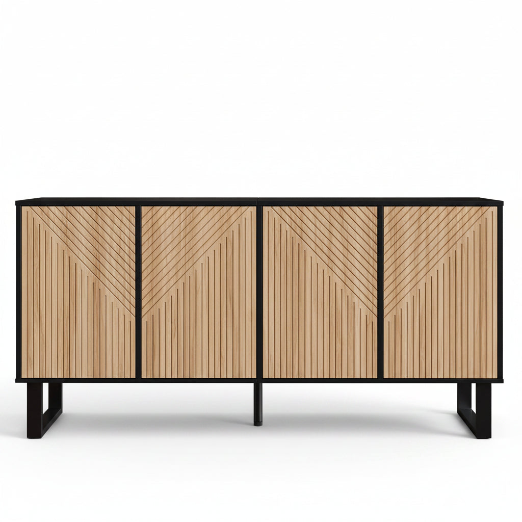 Vetra – Buffet 4 Portes Bois Naturel & Noir à Façades Rainurées – 160 cm
