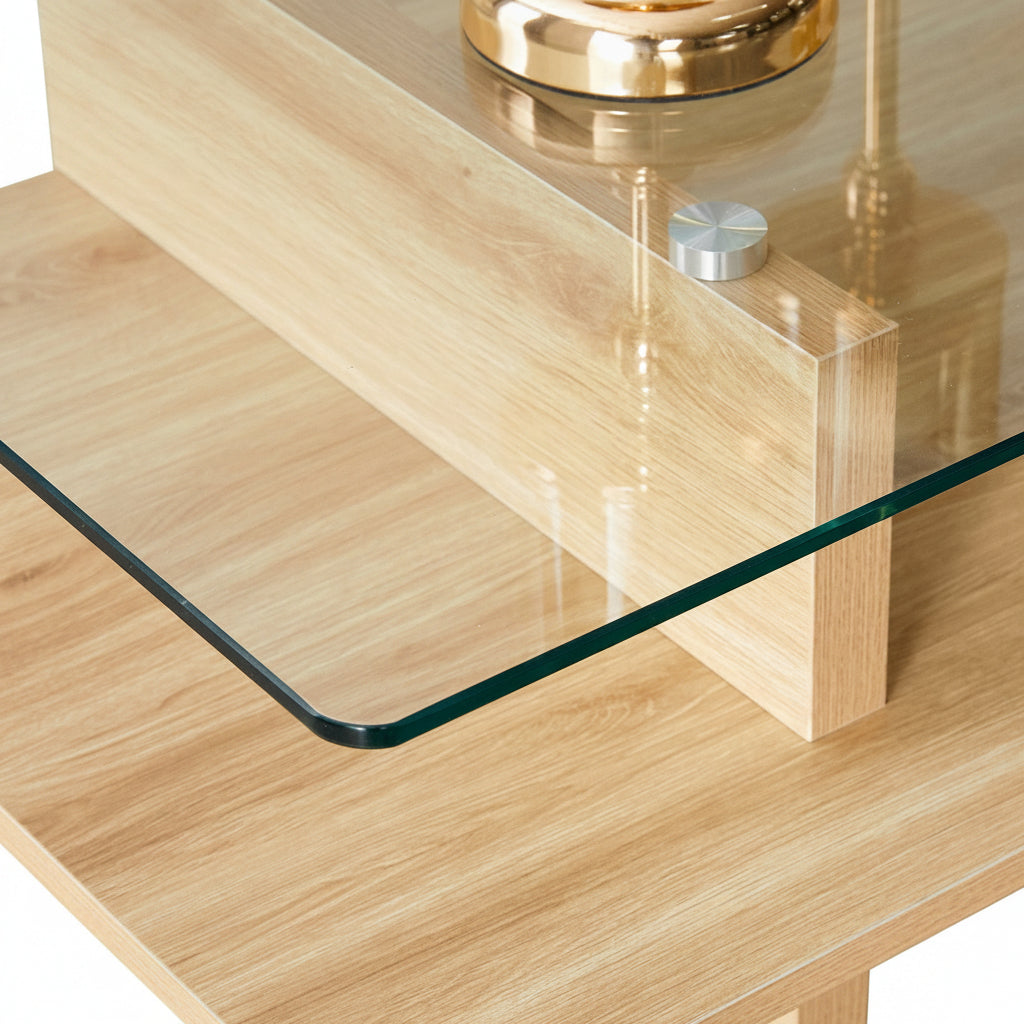 Linea – Table Basse Verre Trempé & Bois Clair avec Étagère