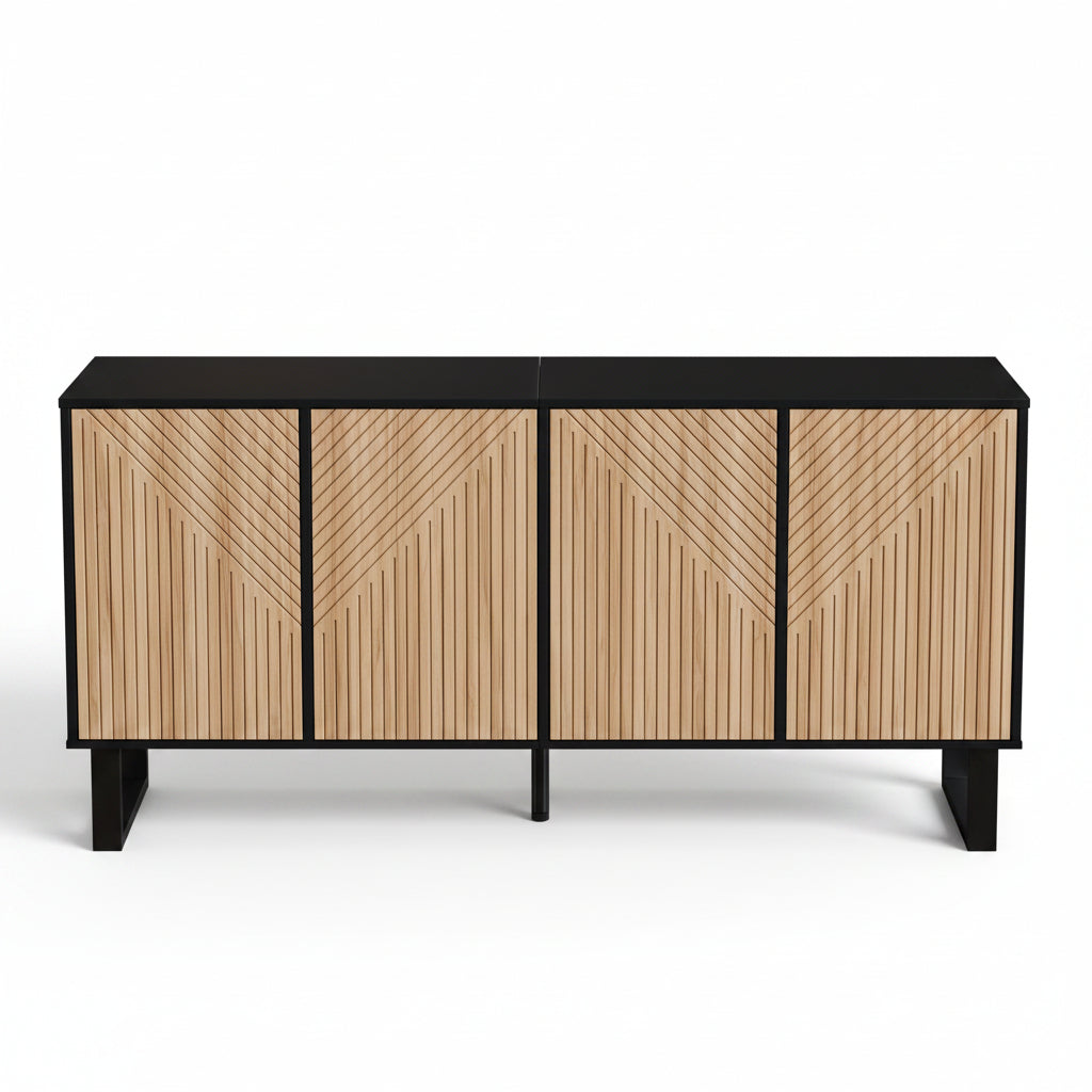 Vetra – Buffet 4 Portes Bois Naturel & Noir à Façades Rainurées – 160 cm