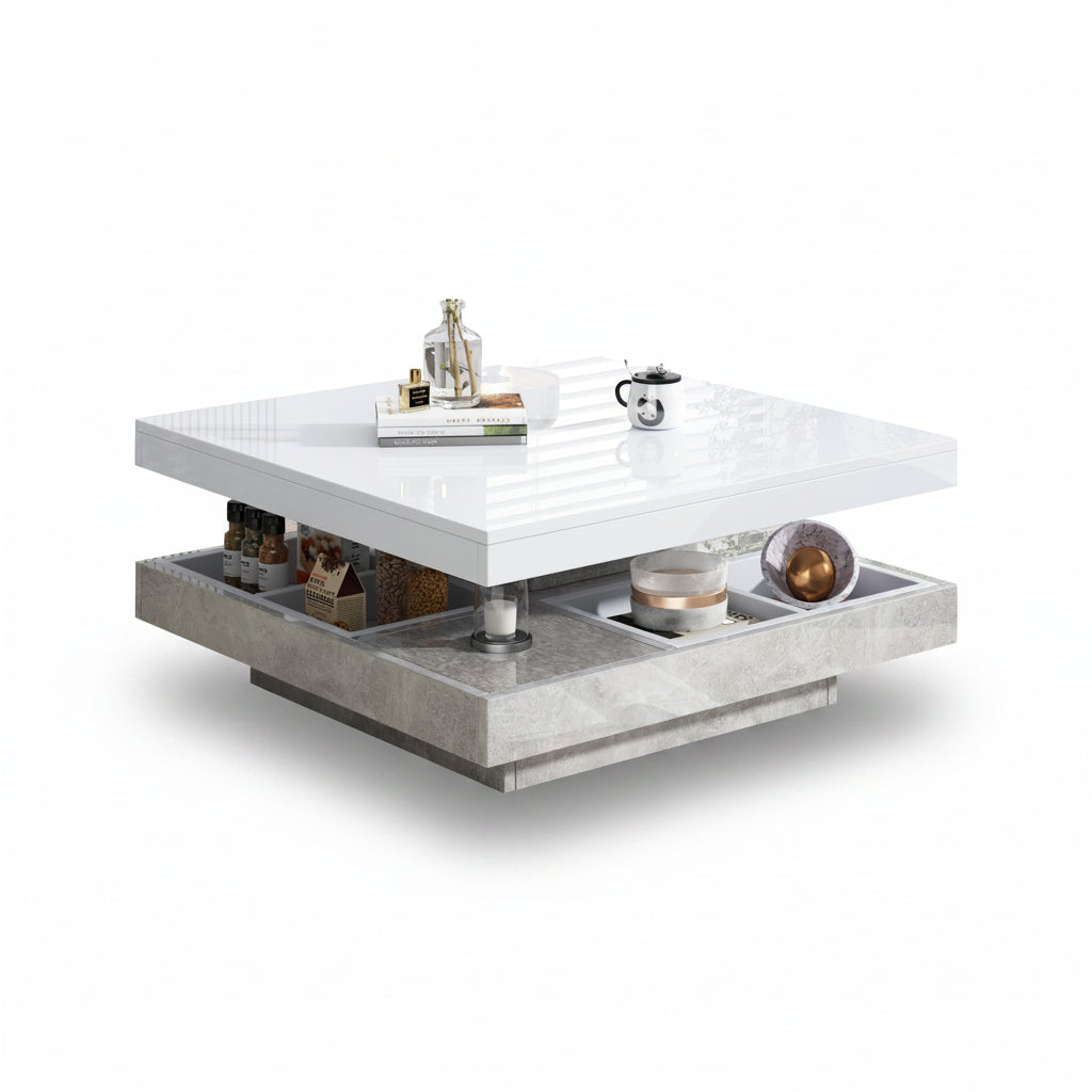 Oria – Table Basse Marbre Gris Pivotante avec Rangement