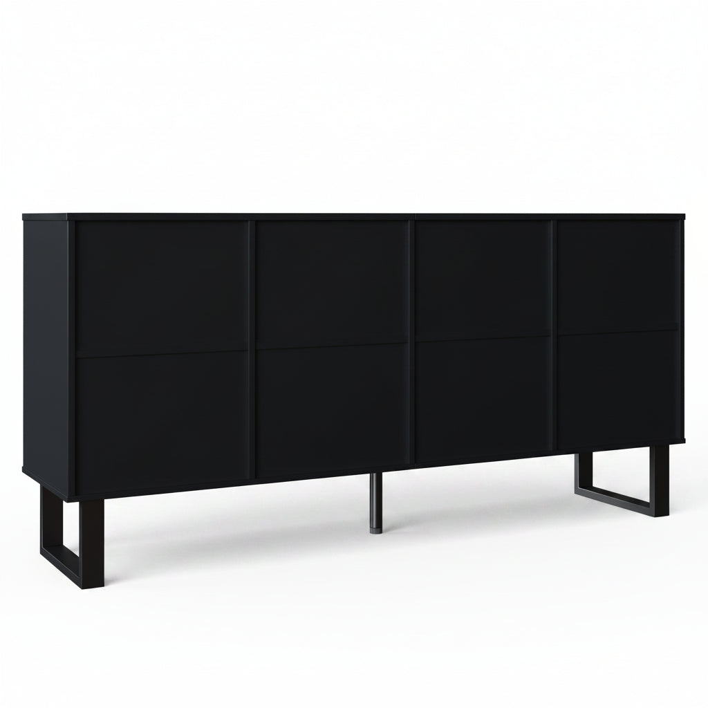 Vetra – Buffet 4 Portes Bois Naturel & Noir à Façades Rainurées – 160 cm