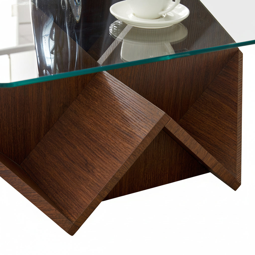 Linea – Table Basse Verre Trempé & Noyer avec Rangement