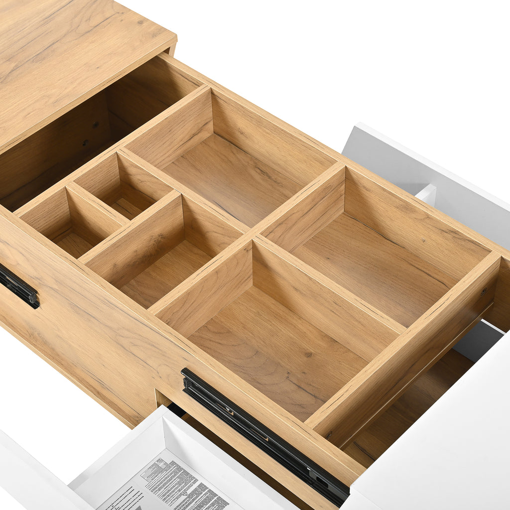 Oria – Table Basse Moderne avec Rangements Cachés en Bois Clair & Blanc