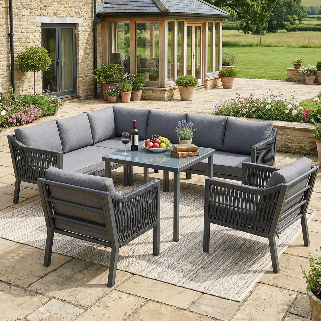 Sora – Ensemble Salon de Jardin d’Angle 6 Places avec Table & 2 Fauteuils – Gris