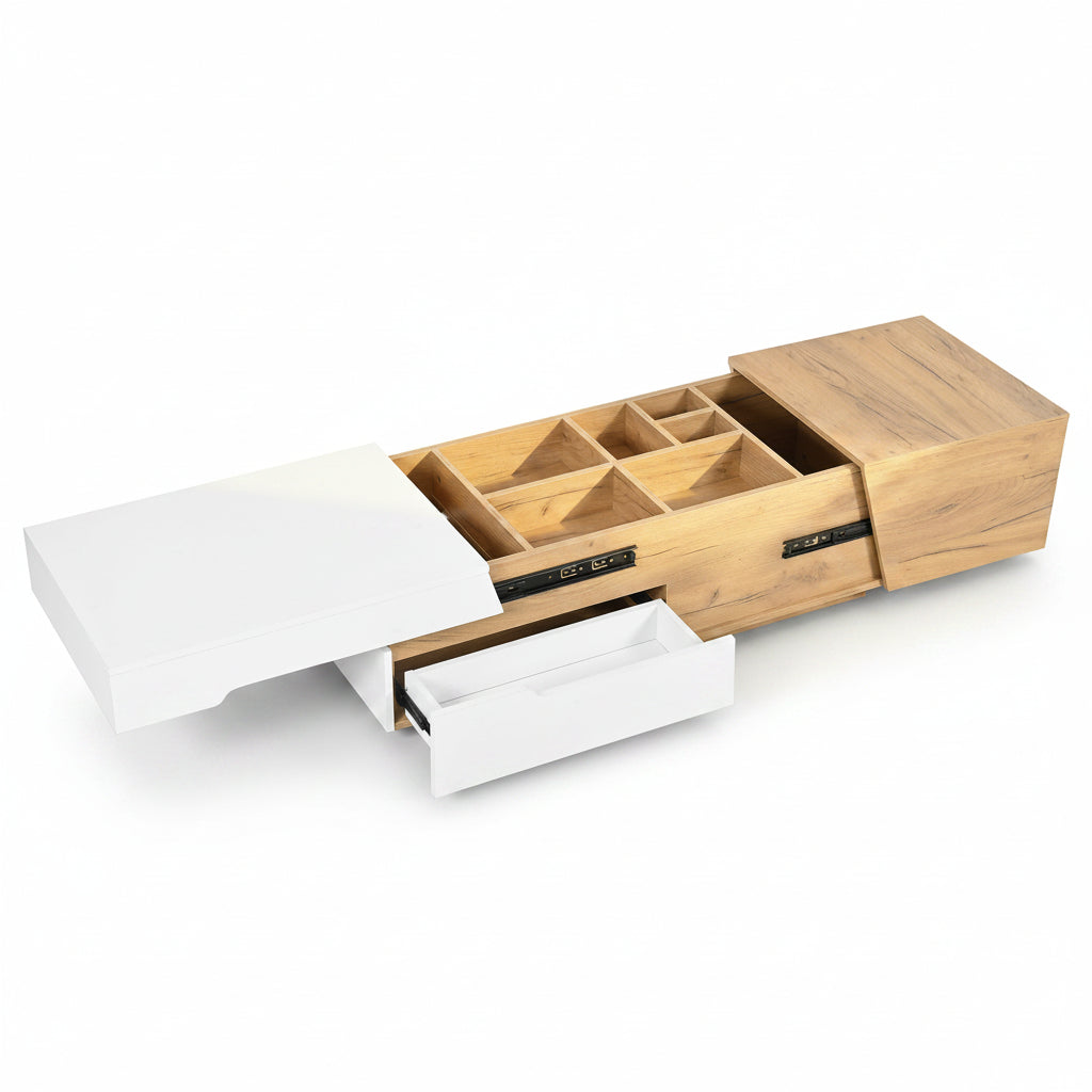 Oria – Table Basse Moderne avec Rangements Cachés en Bois Clair & Blanc