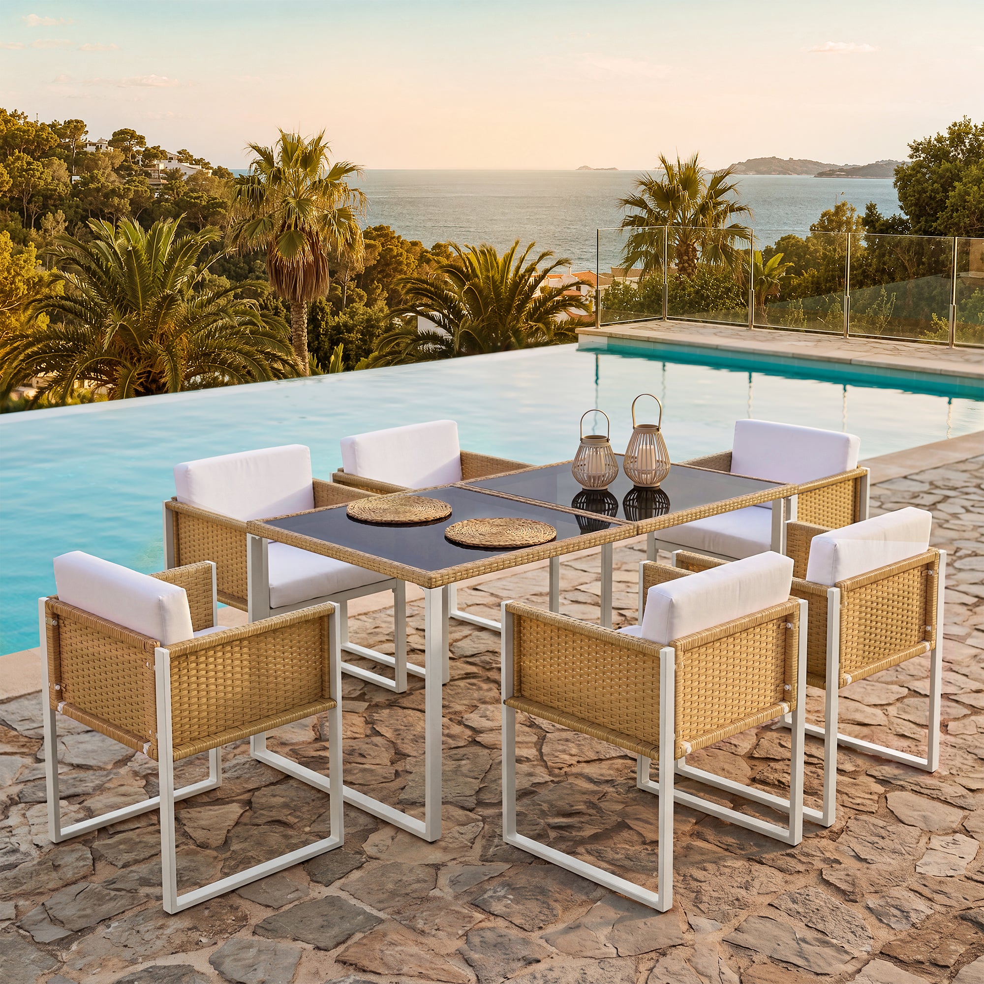 Sora – Ensemble Table de Jardin 170 cm & 6 Chaises en Résine Tressée