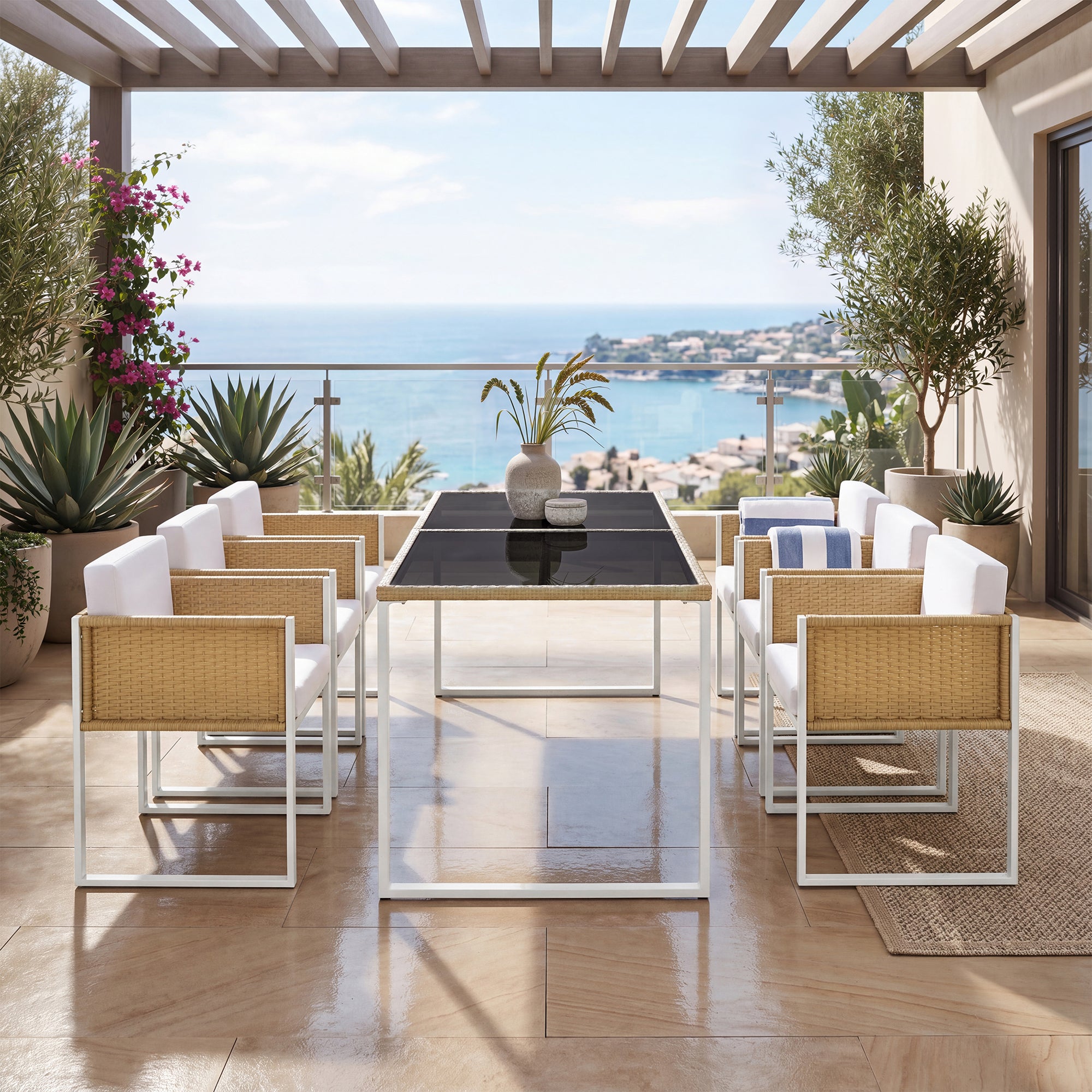 Sora – Ensemble Table de Jardin 170 cm & 6 Chaises en Résine Tressée
