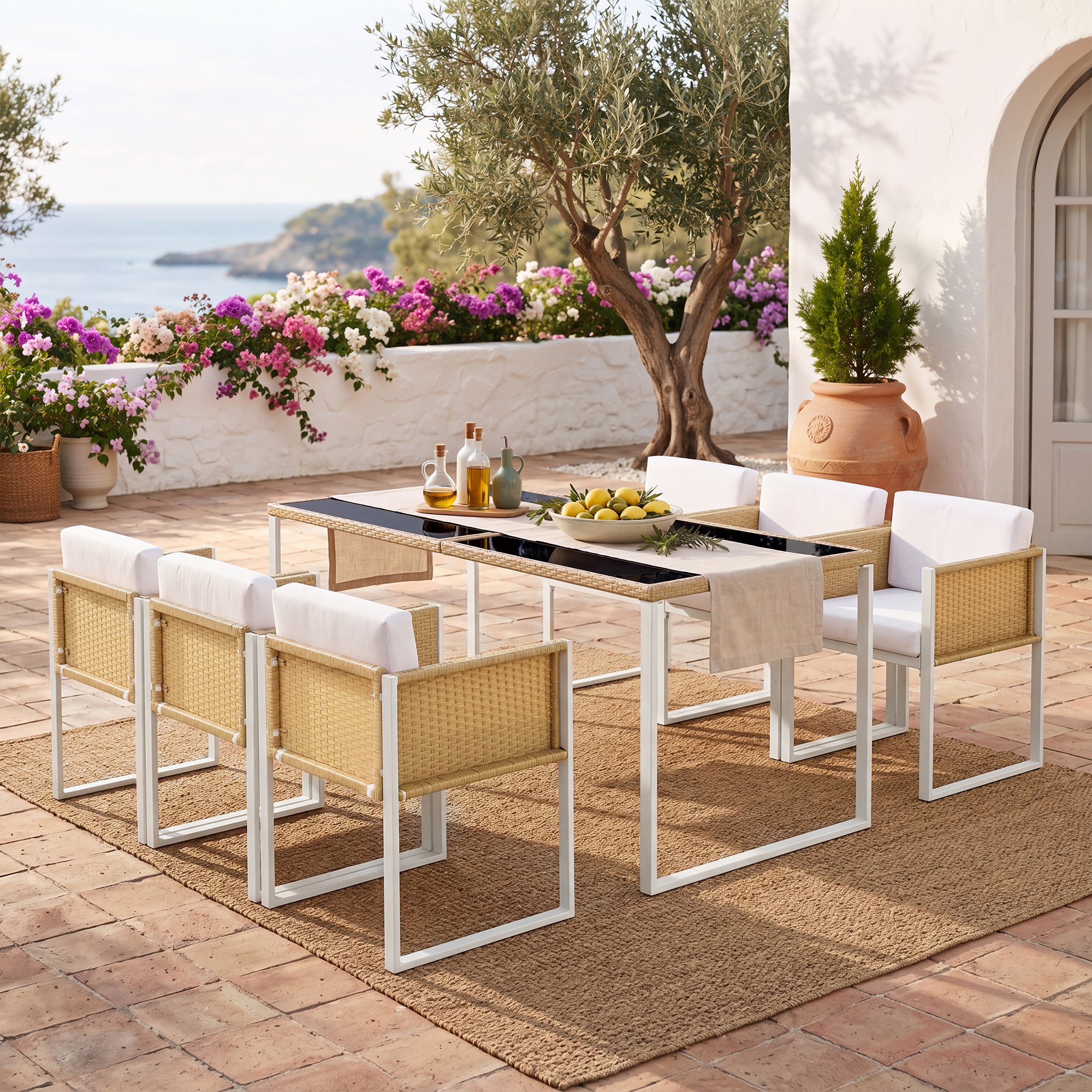 Sora – Ensemble Table de Jardin 170 cm & 6 Chaises en Résine Tressée