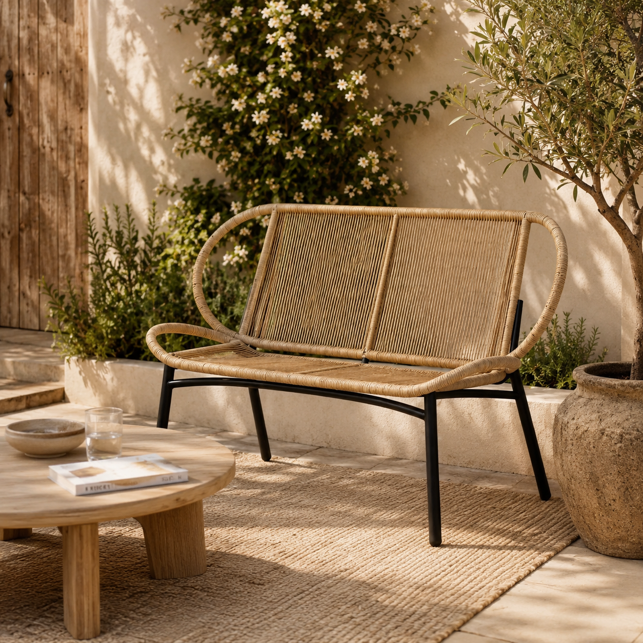 Liora – 2-Seater Braided Rope & Metal Garden Bench – Contemporary Outdoor Style