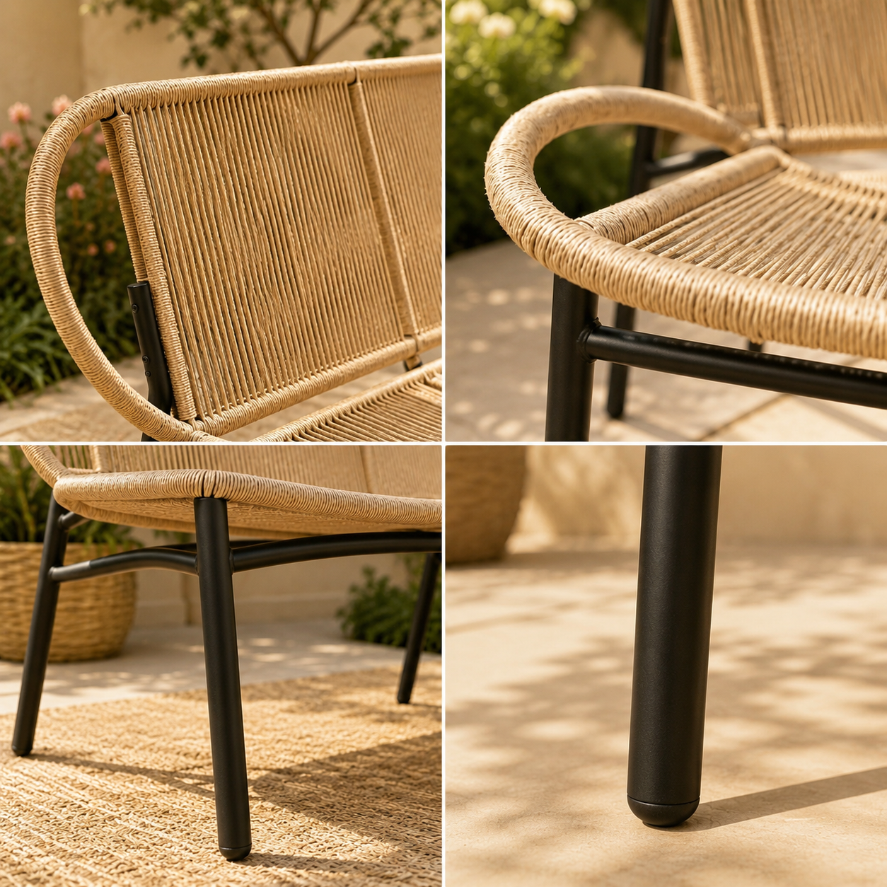 Liora – 2-Seater Braided Rope & Metal Garden Bench – Contemporary Outdoor Style