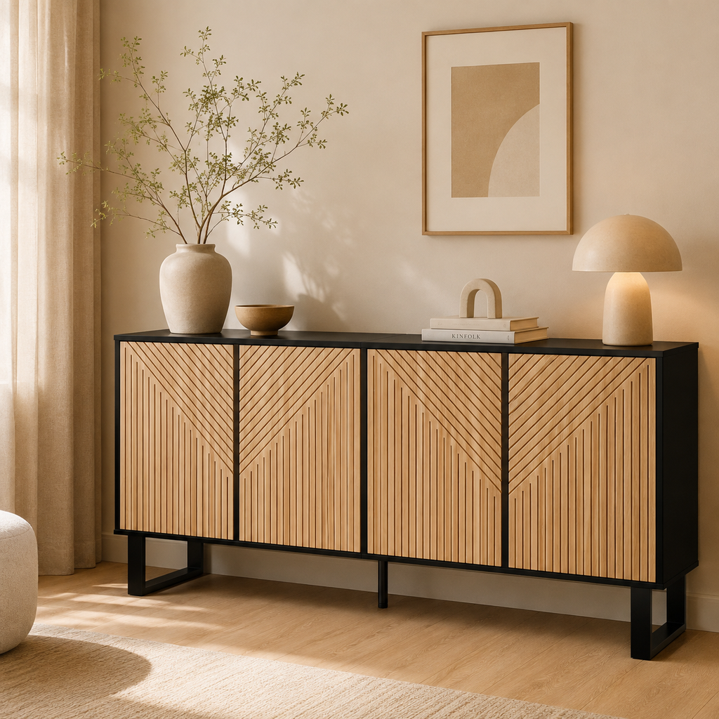 Vetra – Buffet 4 Portes Bois Naturel & Noir à Façades Rainurées – 160 cm