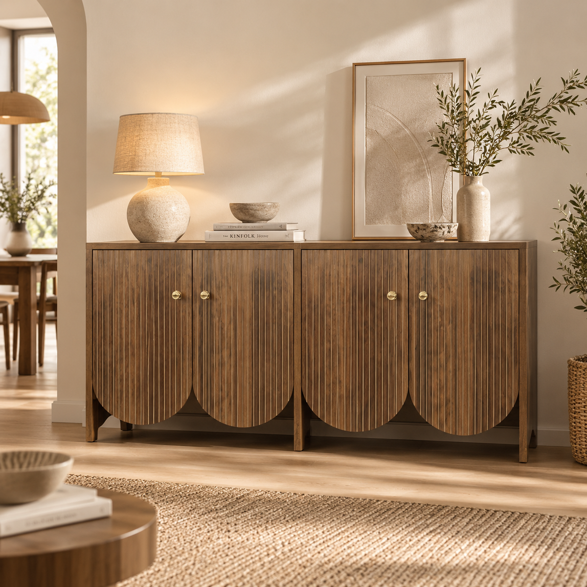 Arvo - 4-Door Walnut Effect Wooden Sideboard with Grooved Fronts - 147 cm