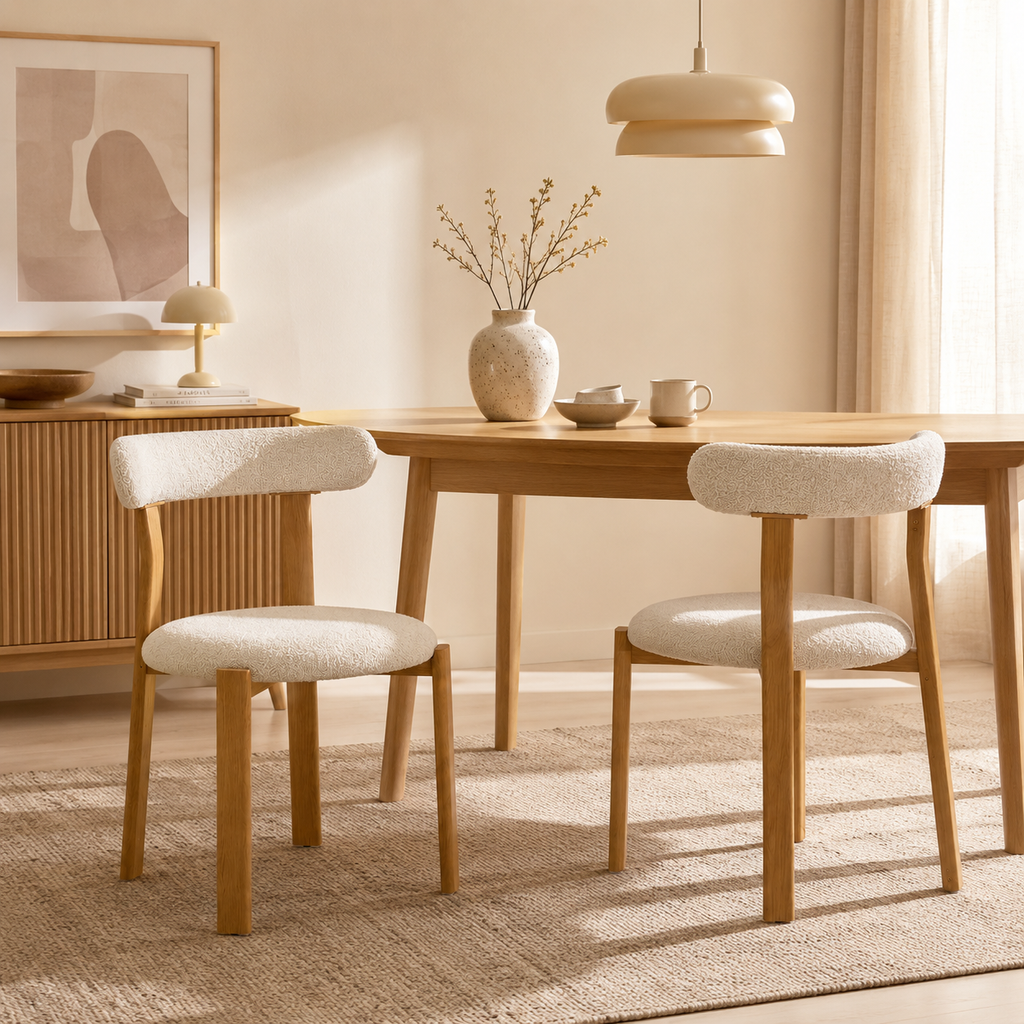 Auro – Chaise Scandinave en Bois Massif & Bouclé Crème – Lot de 2