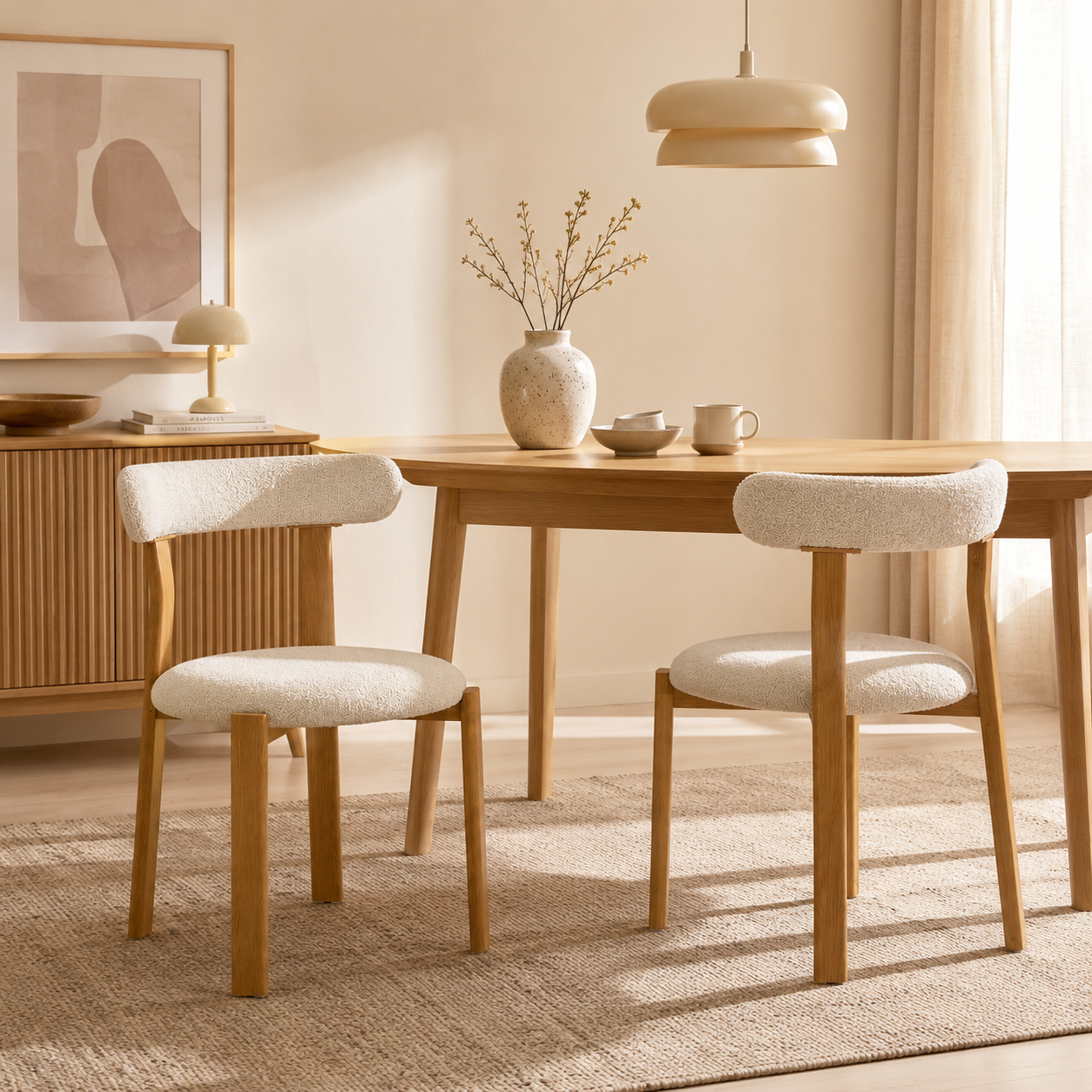 Auro – Chaise Scandinave en Bois Massif & Bouclé Crème – Lot de 2
