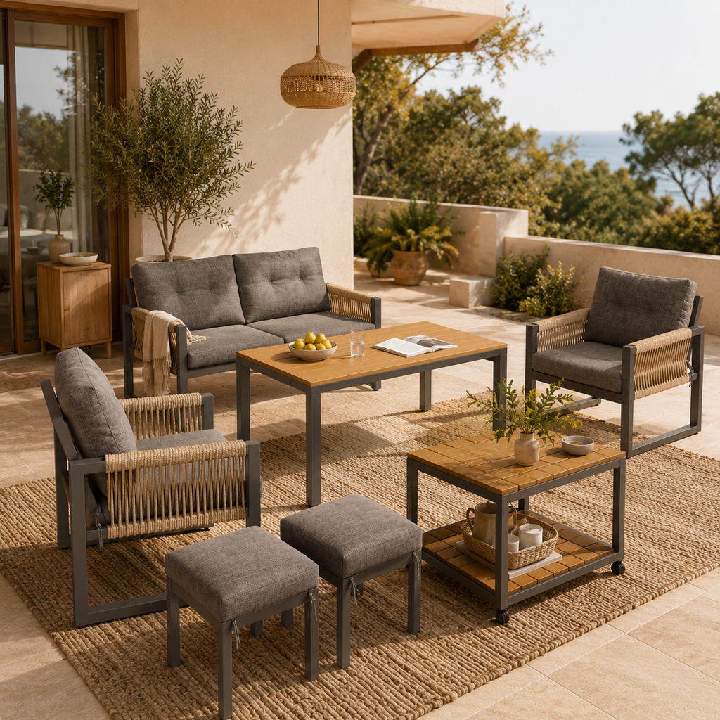 Vetra – Ensemble Salon de Jardin Modulable avec Table Repas & Poufs – 6 Places