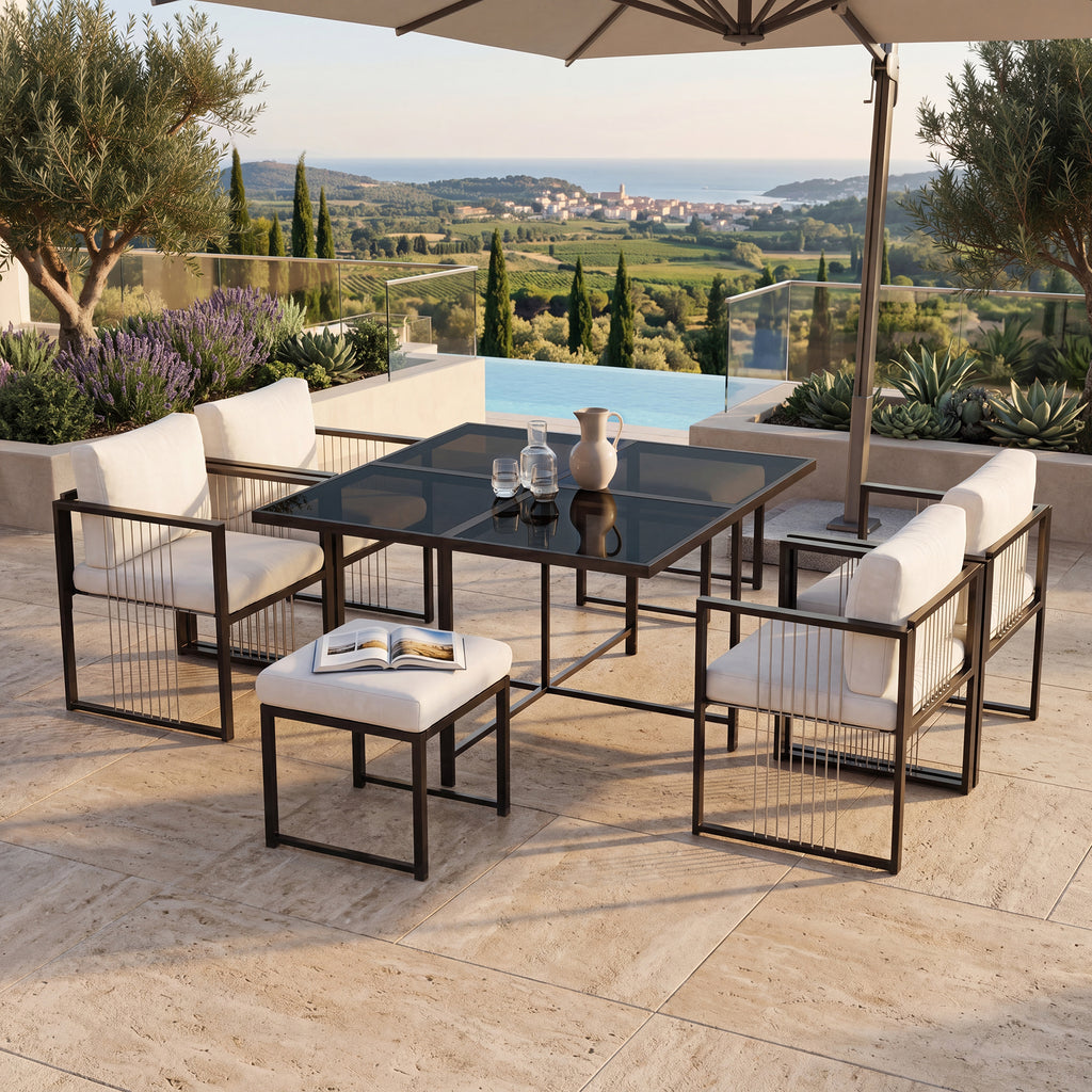 Vetra – Ensemble Table de Jardin 117 cm avec 4 Fauteuils & 2 Poufs – Blanc & Noir