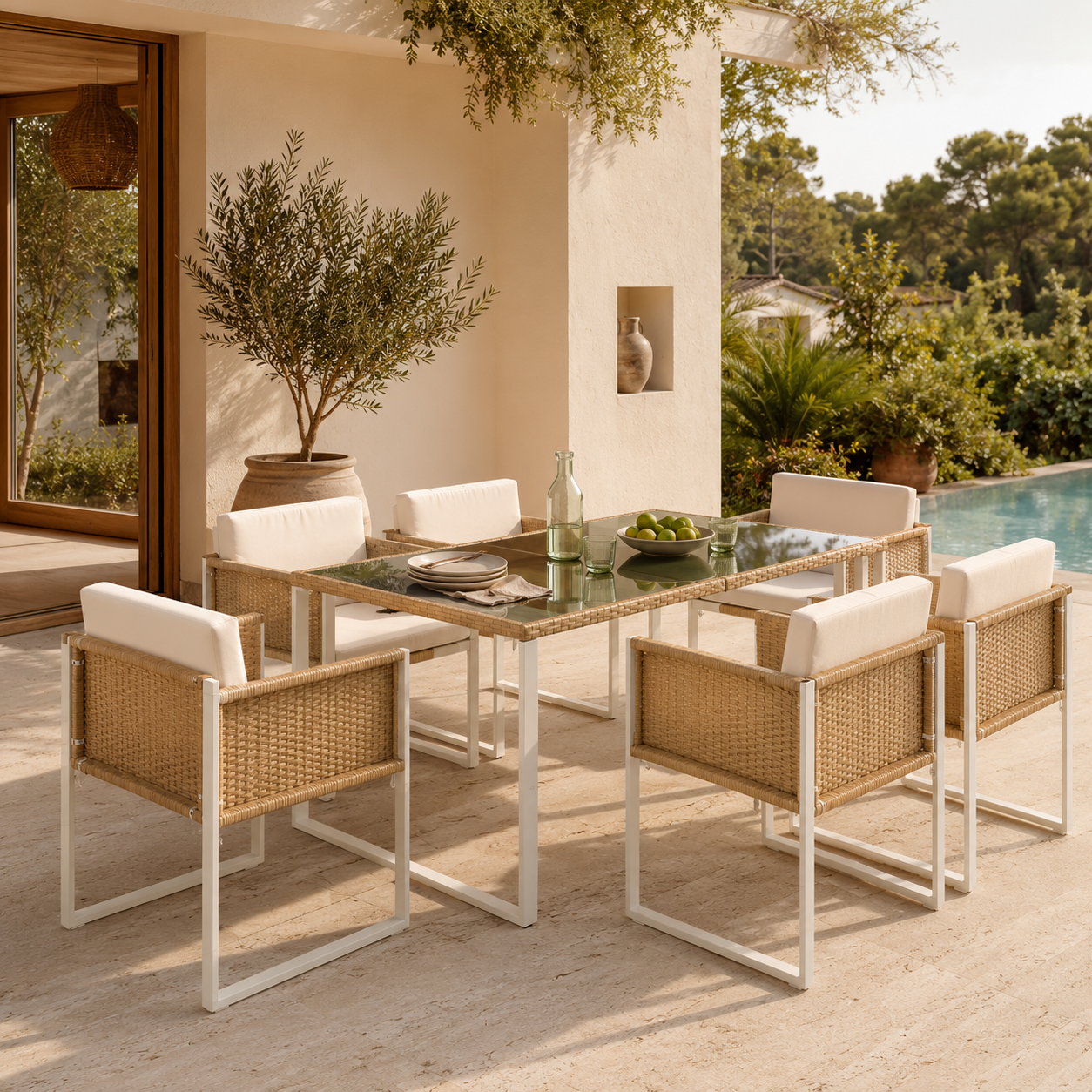 Sora – Ensemble Table de Jardin 170 cm & 6 Chaises en Résine Tressée