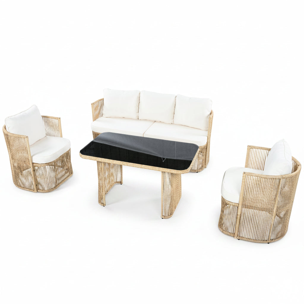 Auro – Salon de Jardin en Rotin PE 4 Pièces avec Canapé 3 Places & Plateau en Verre Trempé