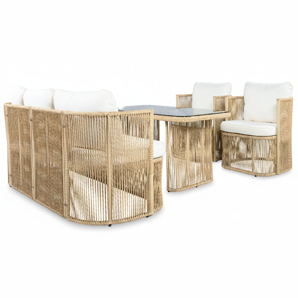 Auro – Salon de Jardin en Rotin PE 4 Pièces avec Canapé 3 Places & Plateau en Verre Trempé