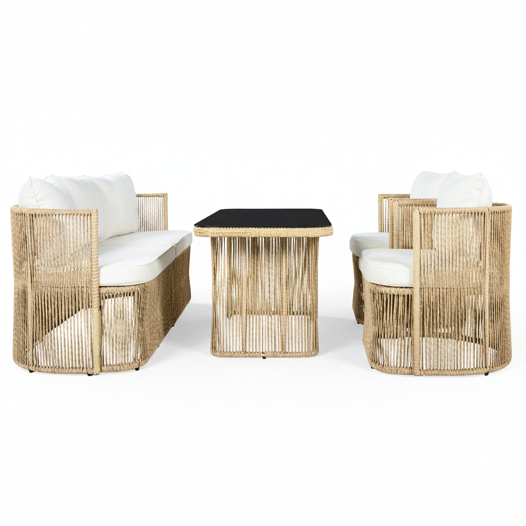 Auro – Salon de Jardin en Rotin PE 4 Pièces avec Canapé 3 Places & Plateau en Verre Trempé
