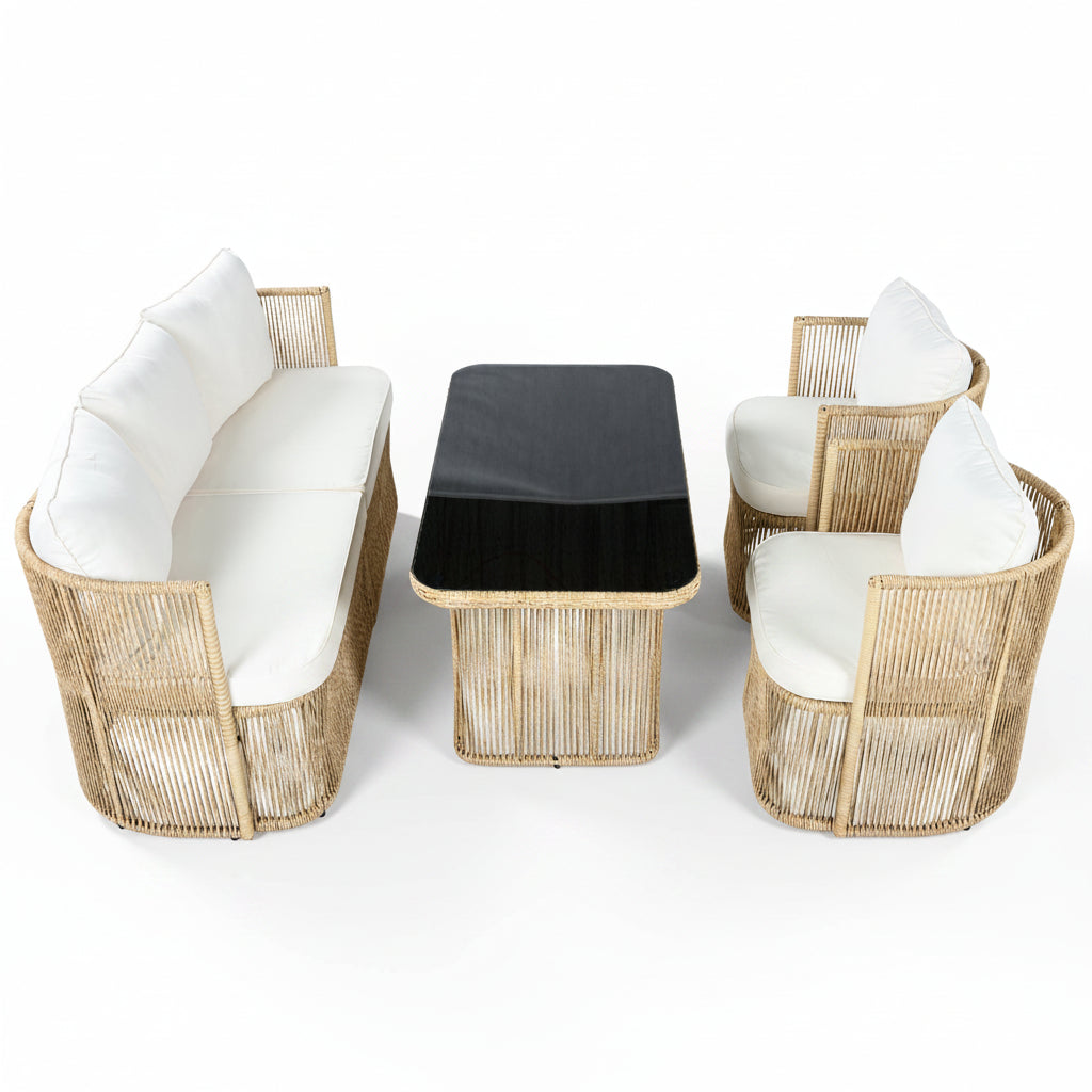 Auro – Salon de Jardin en Rotin PE 4 Pièces avec Canapé 3 Places & Plateau en Verre Trempé