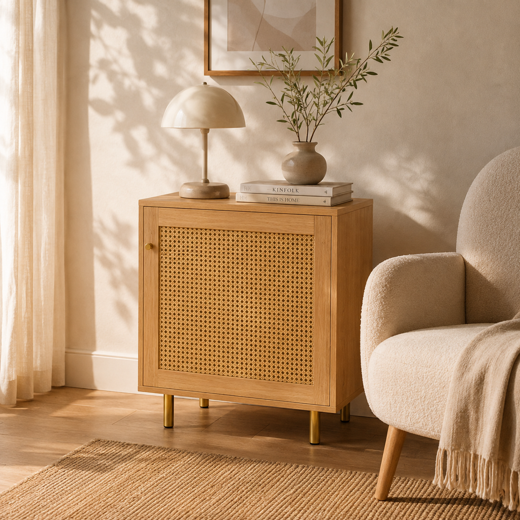 Noma – Meuble de Rangement Scandinave en Bois Clair & Cannage – 60 cm