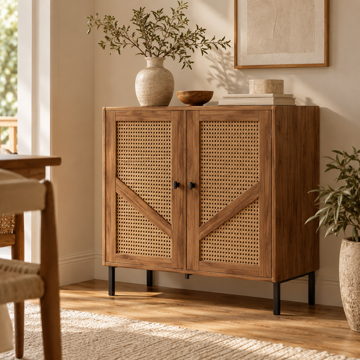 Noma – Meuble de Rangement en Bois & Cannage – 2 Portes, 70 cm