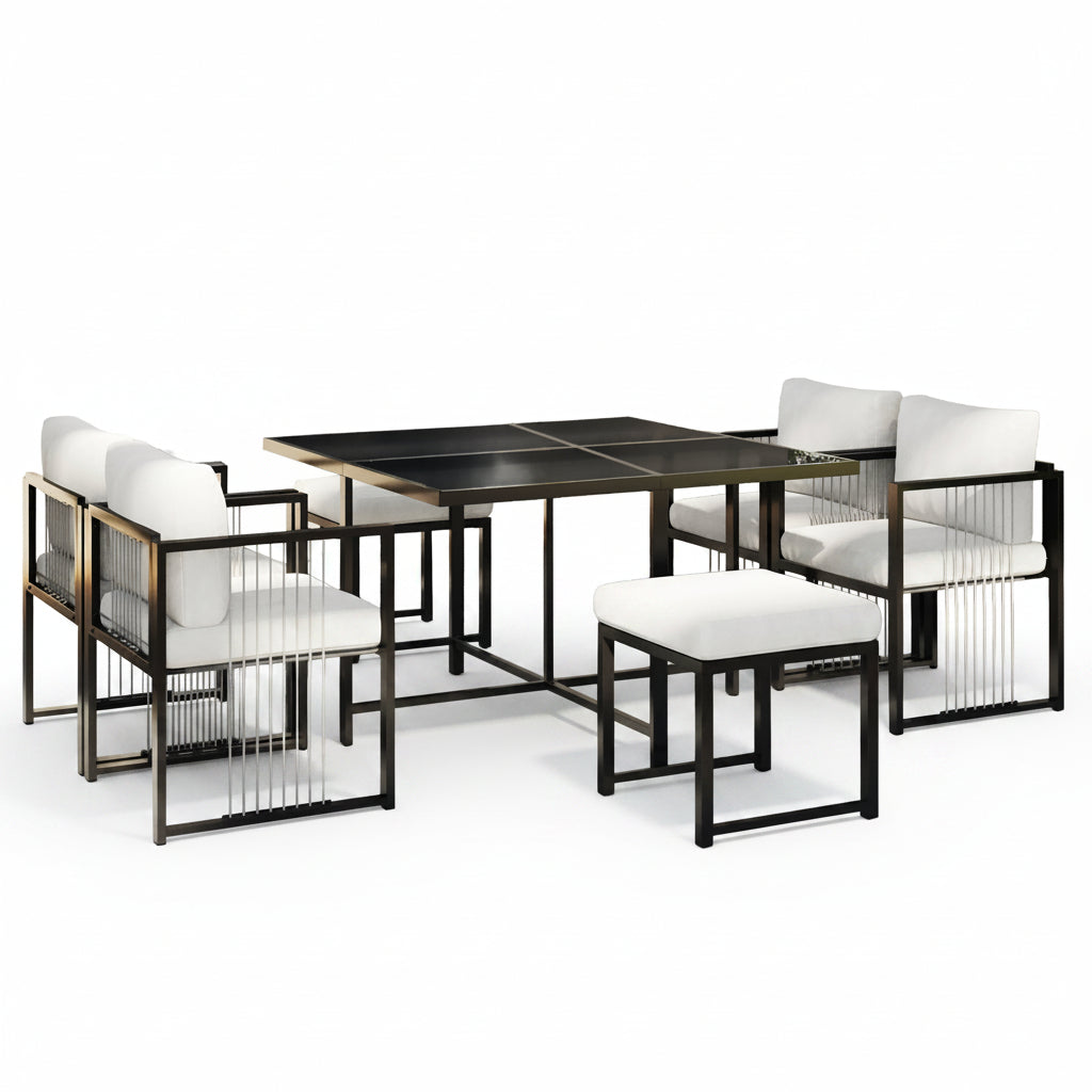 Vetra – Ensemble Table de Jardin 117 cm avec 4 Fauteuils & 2 Poufs – Blanc & Noir