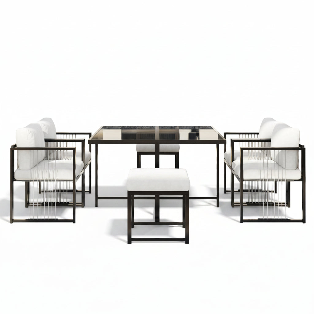 Vetra – Ensemble Table de Jardin 117 cm avec 4 Fauteuils & 2 Poufs – Blanc & Noir