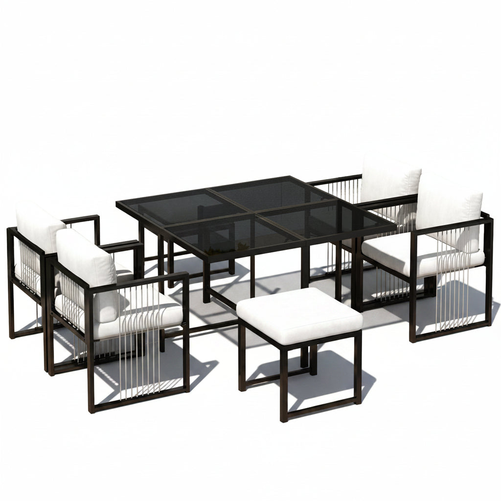Vetra – Ensemble Table de Jardin 117 cm avec 4 Fauteuils & 2 Poufs – Blanc & Noir