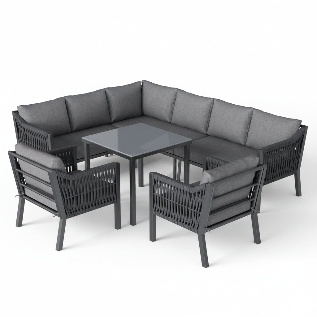 Sora – Ensemble Salon de Jardin d’Angle 6 Places avec Table & 2 Fauteuils – Gris