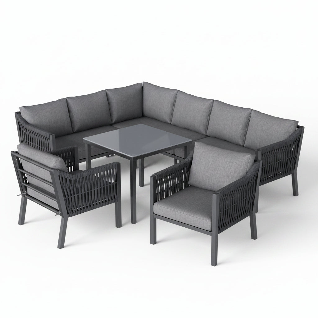 Sora – Ensemble Salon de Jardin d’Angle 6 Places avec Table & 2 Fauteuils – Gris