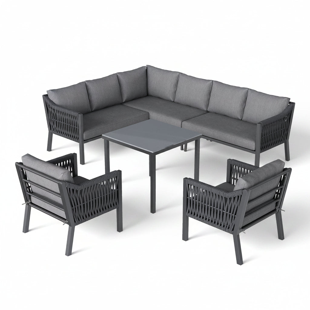 Sora – Ensemble Salon de Jardin d’Angle 6 Places avec Table & 2 Fauteuils – Gris