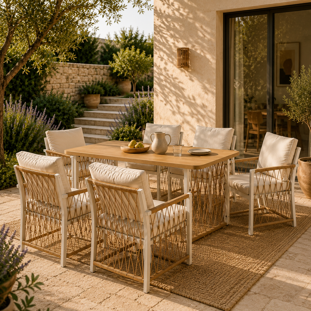 Sora – Salon de Jardin 6 Places avec Table Rectangulaire & Chaises Tressées