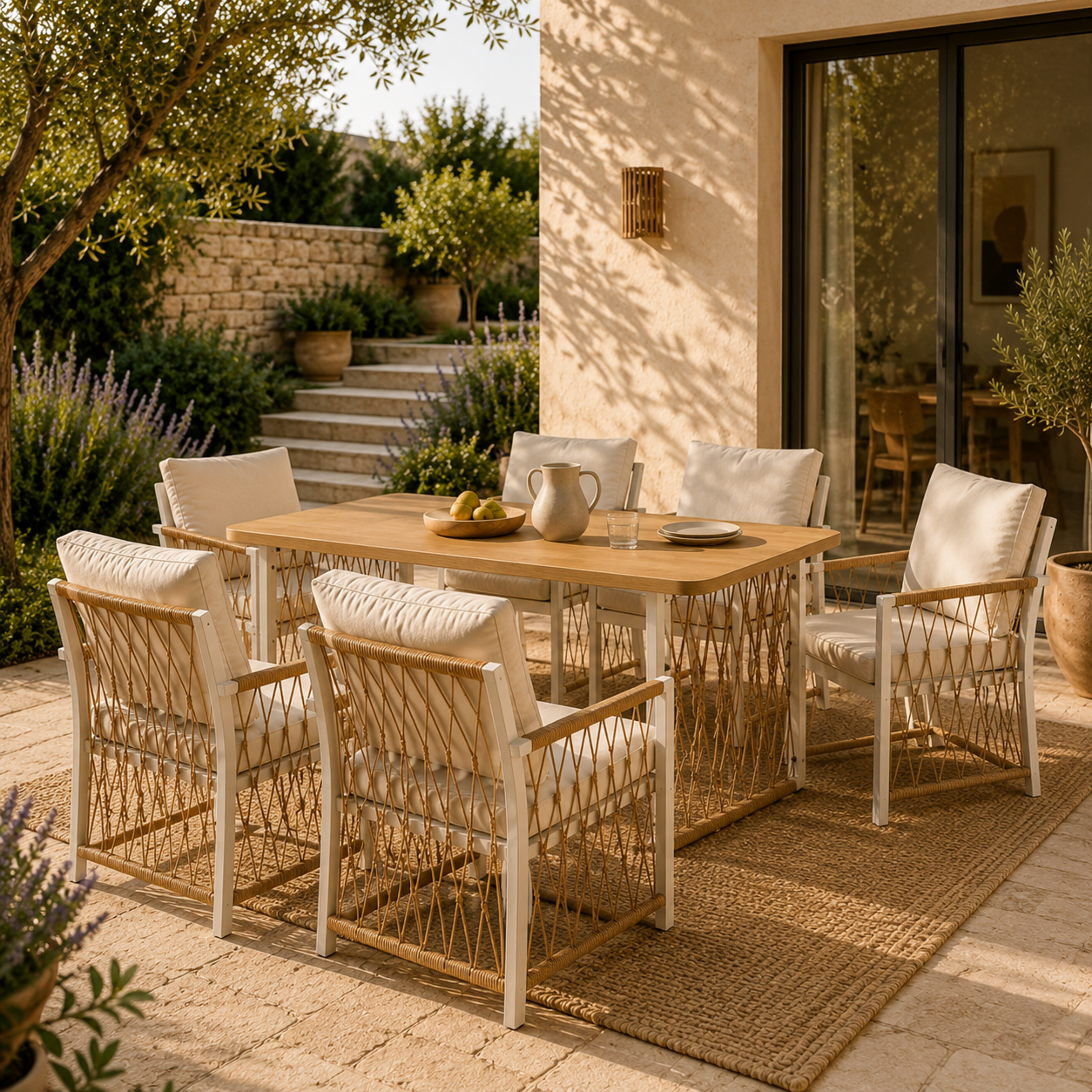 Sora – Salon de Jardin 6 Places avec Table Rectangulaire & Chaises Tressées