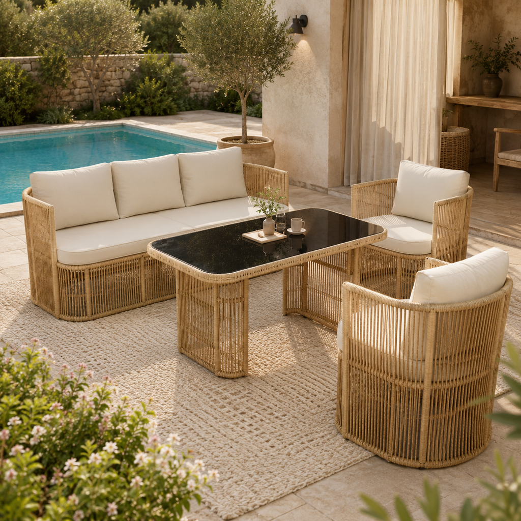 Auro – Salon de Jardin en Rotin PE 4 Pièces avec Canapé 3 Places & Plateau en Verre Trempé