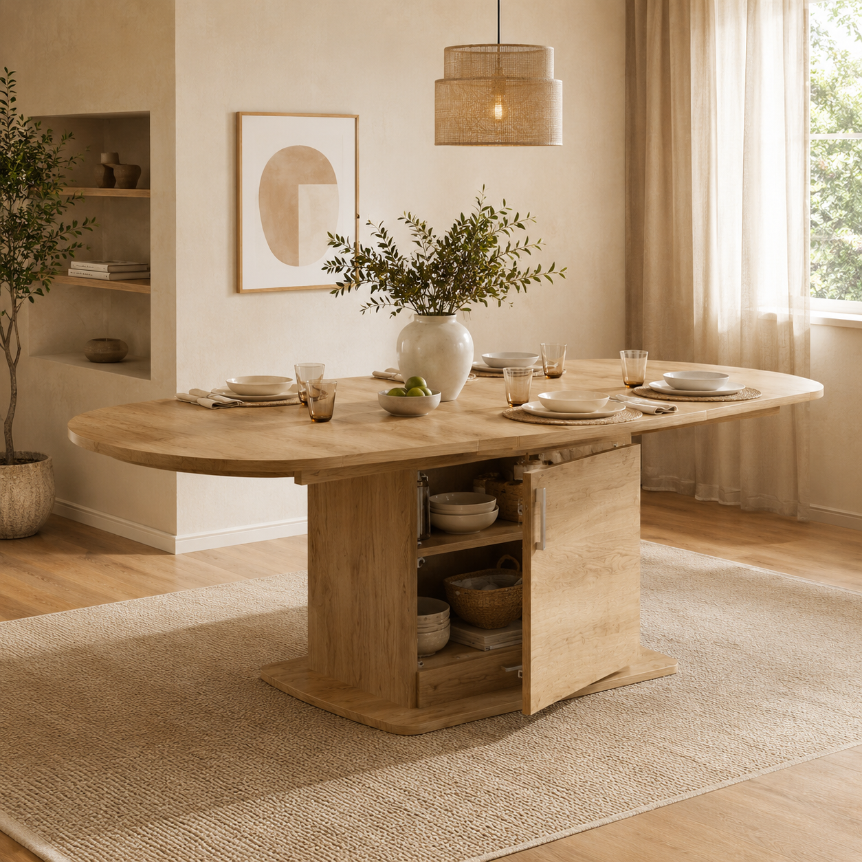 Solen – Extendable Oval Dining Table 4–6 Seater with Storage – Light Oak 200*80*75cm