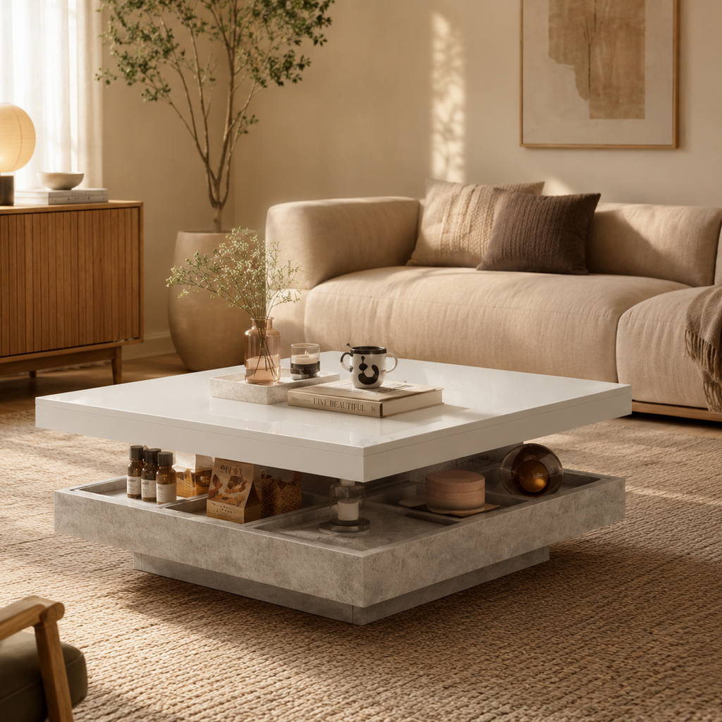 Oria – Table Basse Marbre Gris Pivotante avec Rangement